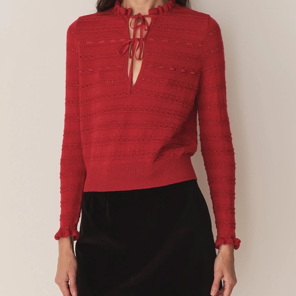 nwt doen cordelie top tie ruffle lace red sweater - Picture 1 of 12